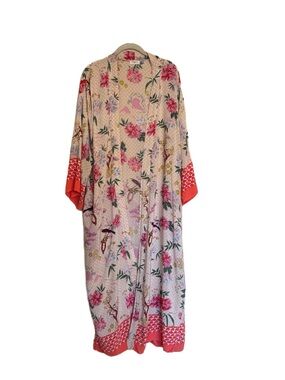 WORLD MARKET Coral Cream Floral Duster Kimono Cardigan One Size Boho Festival